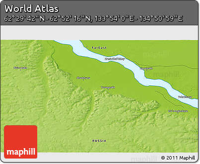 Physical 3D Map of the Area around 62° 40' 59" N, 134° 22' 30" E