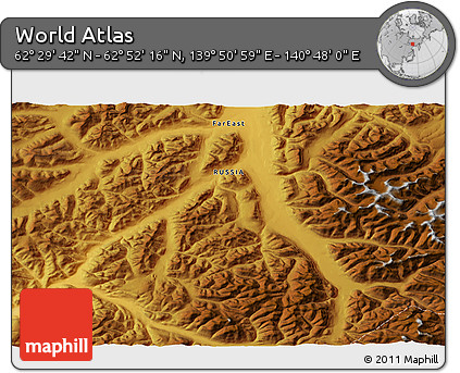 Physical 3D Map of the Area around 62° 40' 59" N, 140° 19' 29" E