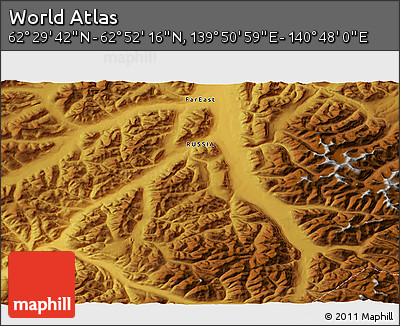 Physical 3D Map of the Area around 62° 40' 59" N, 140° 19' 29" E
