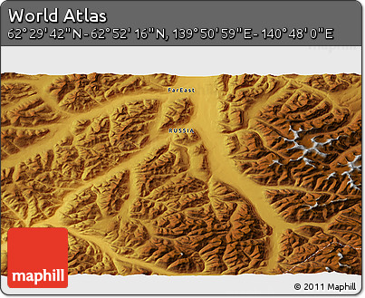 Physical 3D Map of the Area around 62° 40' 59" N, 140° 19' 29" E