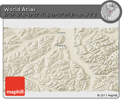 Shaded Relief 3D Map of the Area around 62° 40' 59" N, 140° 19' 29" E