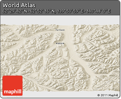 Shaded Relief 3D Map of the Area around 62° 40' 59" N, 140° 19' 29" E