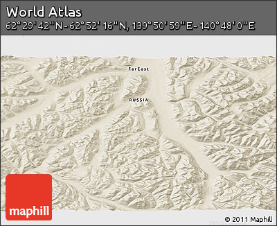 Shaded Relief 3D Map of the Area around 62° 40' 59" N, 140° 19' 29" E