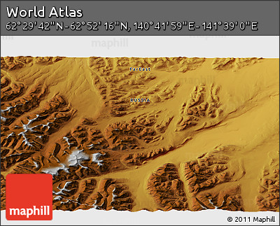 Physical 3D Map of the Area around 62° 40' 59" N, 141° 10' 30" E