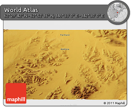 Physical 3D Map of the Area around 62° 40' 59" N, 142° 1' 30" E