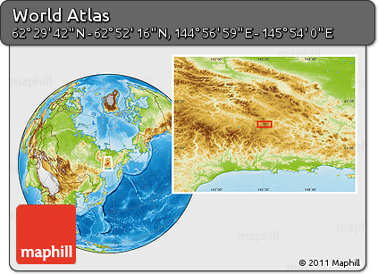 Physical Location Map of the Area around 62° 40' 59" N, 145° 25' 30" E