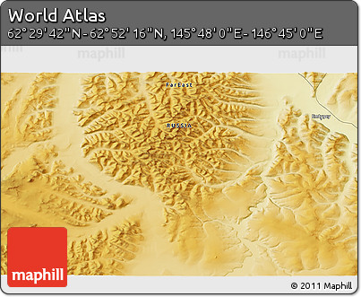 Physical 3D Map of the Area around 62° 40' 59" N, 146° 16' 30" E