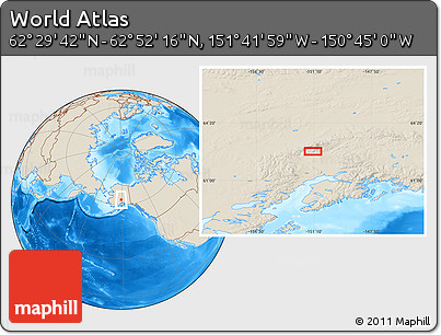 Shaded Relief Location Map of the Area around 62° 40' 59" N, 151° 13' 29" W