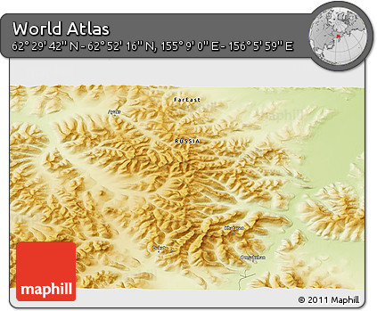 Physical 3D Map of the Area around 62° 40' 59" N, 155° 37' 30" E