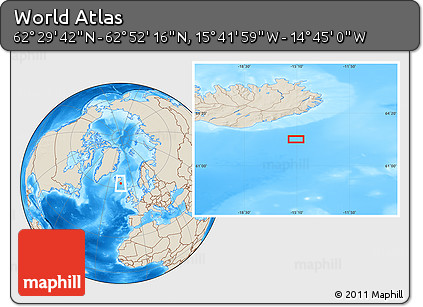 Shaded Relief Location Map of the Area around 62° 40' 59" N, 15° 13' 29" W