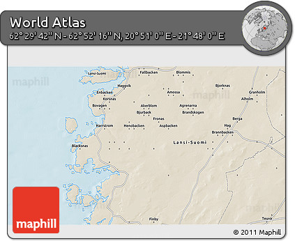 Shaded Relief 3D Map of the Area around 62° 40' 59" N, 21° 19' 30" E