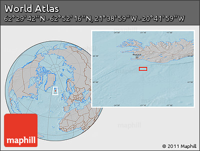 Gray Location Map of the Area around 62° 40' 59" N, 21° 10' 29" W, hill shading