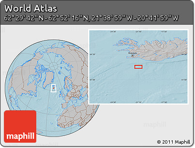 Gray Location Map of the Area around 62° 40' 59" N, 21° 10' 29" W, hill shading