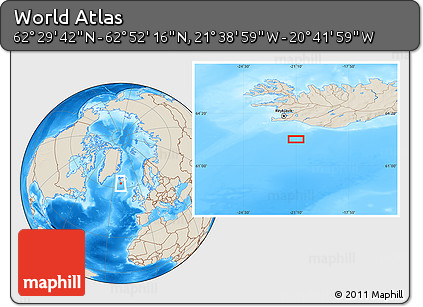 Shaded Relief Location Map of the Area around 62° 40' 59" N, 21° 10' 29" W
