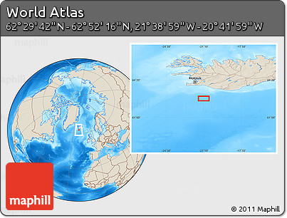 Shaded Relief Location Map of the Area around 62° 40' 59" N, 21° 10' 29" W