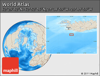 Shaded Relief Location Map of the Area around 62° 40' 59" N, 21° 10' 29" W