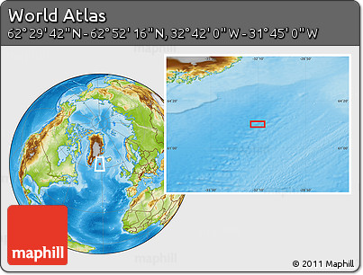 Physical Location Map of the Area around 62° 40' 59" N, 32° 13' 30" W