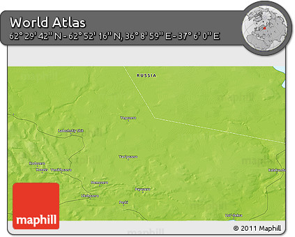 Physical 3D Map of the Area around 62° 40' 59" N, 36° 37' 30" E