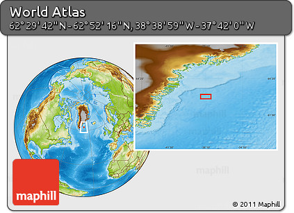 Physical Location Map of the Area around 62° 40' 59" N, 38° 10' 29" W