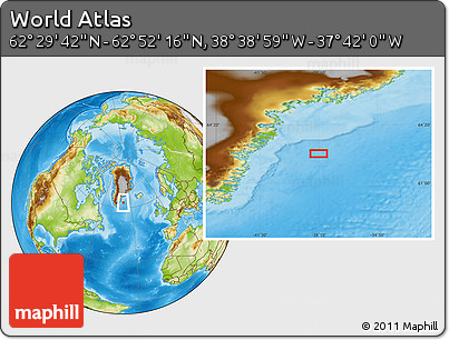 Physical Location Map of the Area around 62° 40' 59" N, 38° 10' 29" W