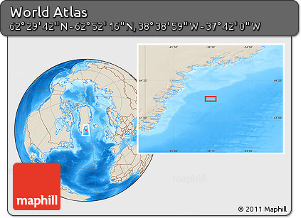 Shaded Relief Location Map of the Area around 62° 40' 59" N, 38° 10' 29" W