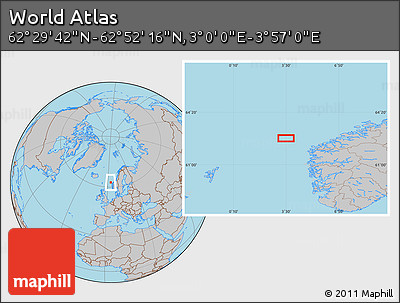 Gray Location Map of the Area around 62° 40' 59" N, 3° 28' 30" E