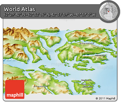 Physical 3D Map of the Area around 62° 40' 59" N, 42° 25' 29" W