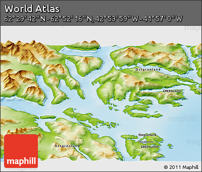 Physical 3D Map of the Area around 62° 40' 59" N, 42° 25' 29" W