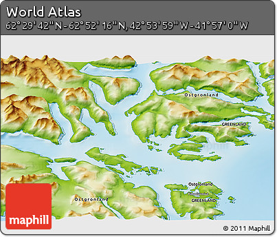 Physical 3D Map of the Area around 62° 40' 59" N, 42° 25' 29" W