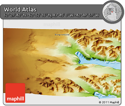 Physical 3D Map of the Area around 62° 40' 59" N, 43° 16' 29" W
