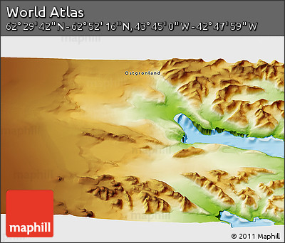 Physical 3D Map of the Area around 62° 40' 59" N, 43° 16' 29" W