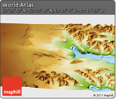 Physical 3D Map of the Area around 62° 40' 59" N, 43° 16' 29" W