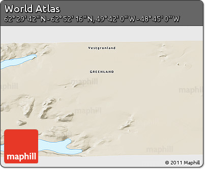 Shaded Relief 3D Map of the Area around 62° 40' 59" N, 49° 13' 30" W