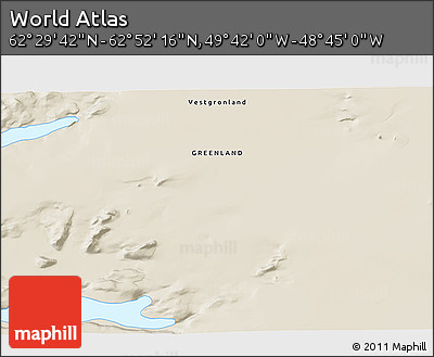 Shaded Relief 3D Map of the Area around 62° 40' 59" N, 49° 13' 30" W