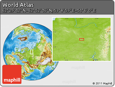 Physical Location Map of the Area around 62° 40' 59" N, 53° 37' 30" E