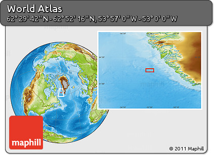 Physical Location Map of the Area around 62° 40' 59" N, 53° 28' 30" W