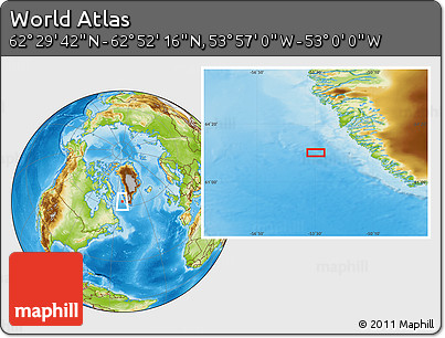 Physical Location Map of the Area around 62° 40' 59" N, 53° 28' 30" W