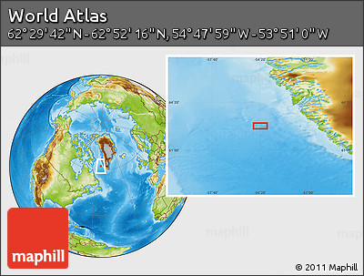 Physical Location Map of the Area around 62° 40' 59" N, 54° 19' 30" W
