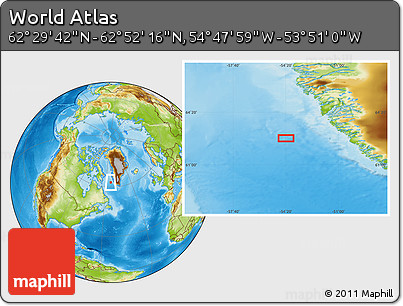 Physical Location Map of the Area around 62° 40' 59" N, 54° 19' 30" W