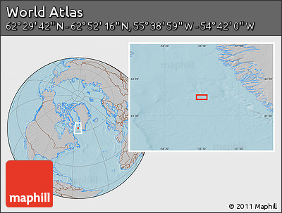 Gray Location Map of the Area around 62° 40' 59" N, 55° 10' 29" W, hill shading