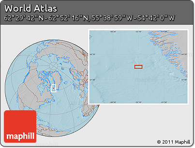 Gray Location Map of the Area around 62° 40' 59" N, 55° 10' 29" W, hill shading