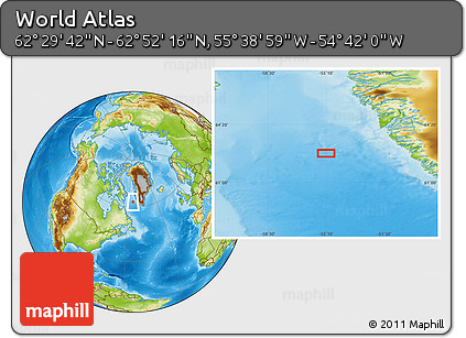 Physical Location Map of the Area around 62° 40' 59" N, 55° 10' 29" W