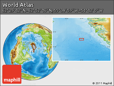 Physical Location Map of the Area around 62° 40' 59" N, 55° 10' 29" W