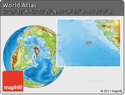 Physical Location Map of the Area around 62° 40' 59" N, 55° 10' 29" W