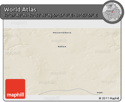 Shaded Relief 3D Map of the Area around 62° 40' 59" N, 60° 25' 29" E