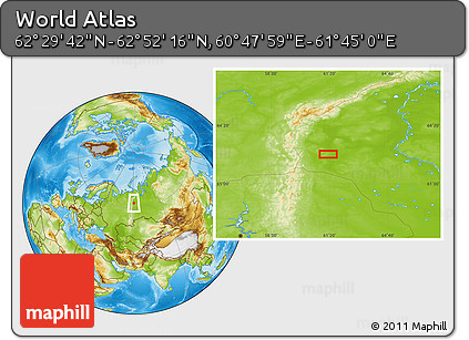 Physical Location Map of the Area around 62° 40' 59" N, 61° 16' 29" E