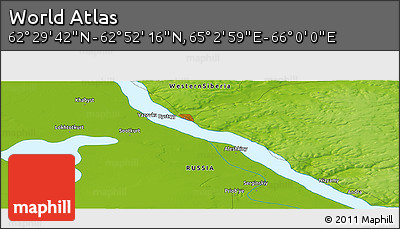 Physical Panoramic Map of the Area around 62° 40' 59" N, 65° 31' 30" E
