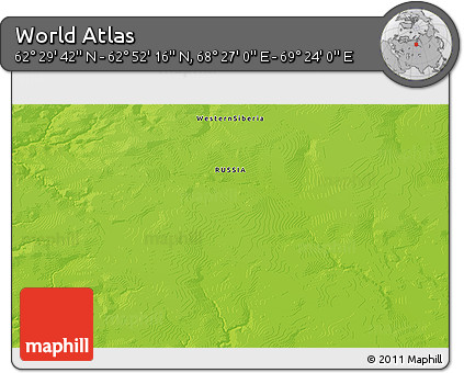 Physical 3D Map of the Area around 62° 40' 59" N, 68° 55' 30" E