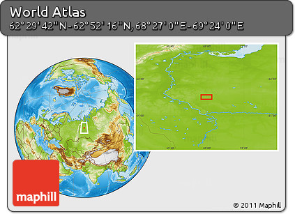 Physical Location Map of the Area around 62° 40' 59" N, 68° 55' 30" E