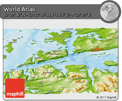 Physical 3D Map of the Area around 62° 40' 59" N, 6° 52' 30" E